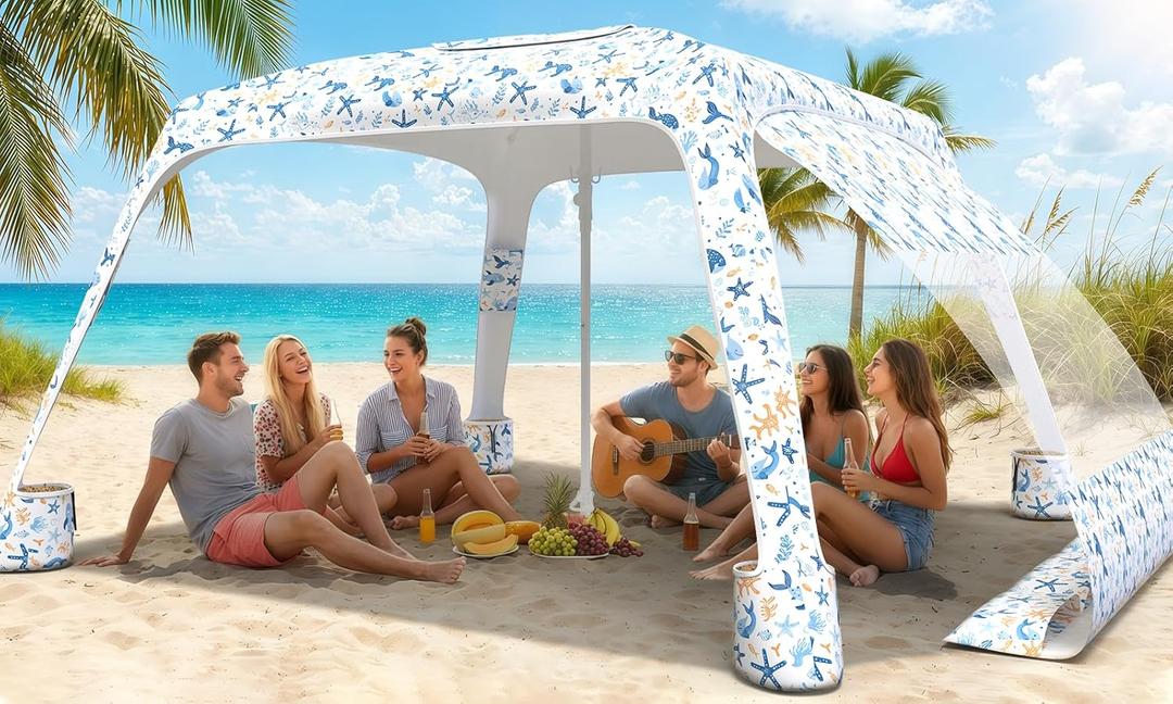 Beach Cabana, 6.5'×6.5' Cool Cabana, UPF50+ Beach Canopy, Adjustable Height Beach Tent Sun Shelter, Sun Umbrella with Removable Side Wall, Beach Shade for Beach, Garden, Camping(Fish Print)