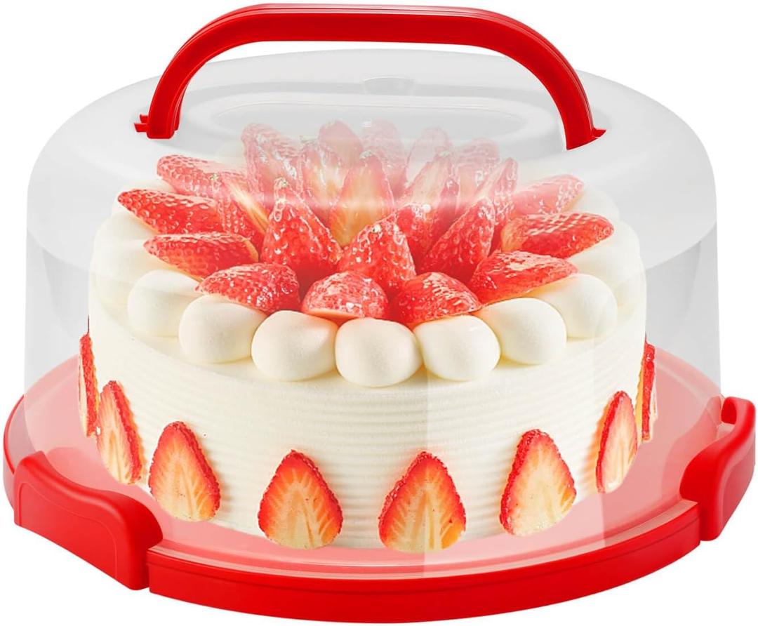 Large 10 Inch Cake Carrier Keeper Stand with Handles and Lids Container for Transport Cake Holder Tray with Cover Round Cupcake Storage Kitchen Cooking Box (red)