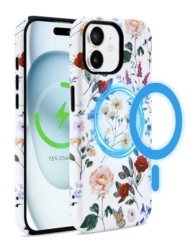 Jusy Compatible with MagSafe Flower Case for iPhone 12/12 Pro, Cute Aesthetic Butterfly Floral Magnetic Phone Case, Soft TPU and Hard PC Protective Phone Cover for Women Girls (Matte) - Flower