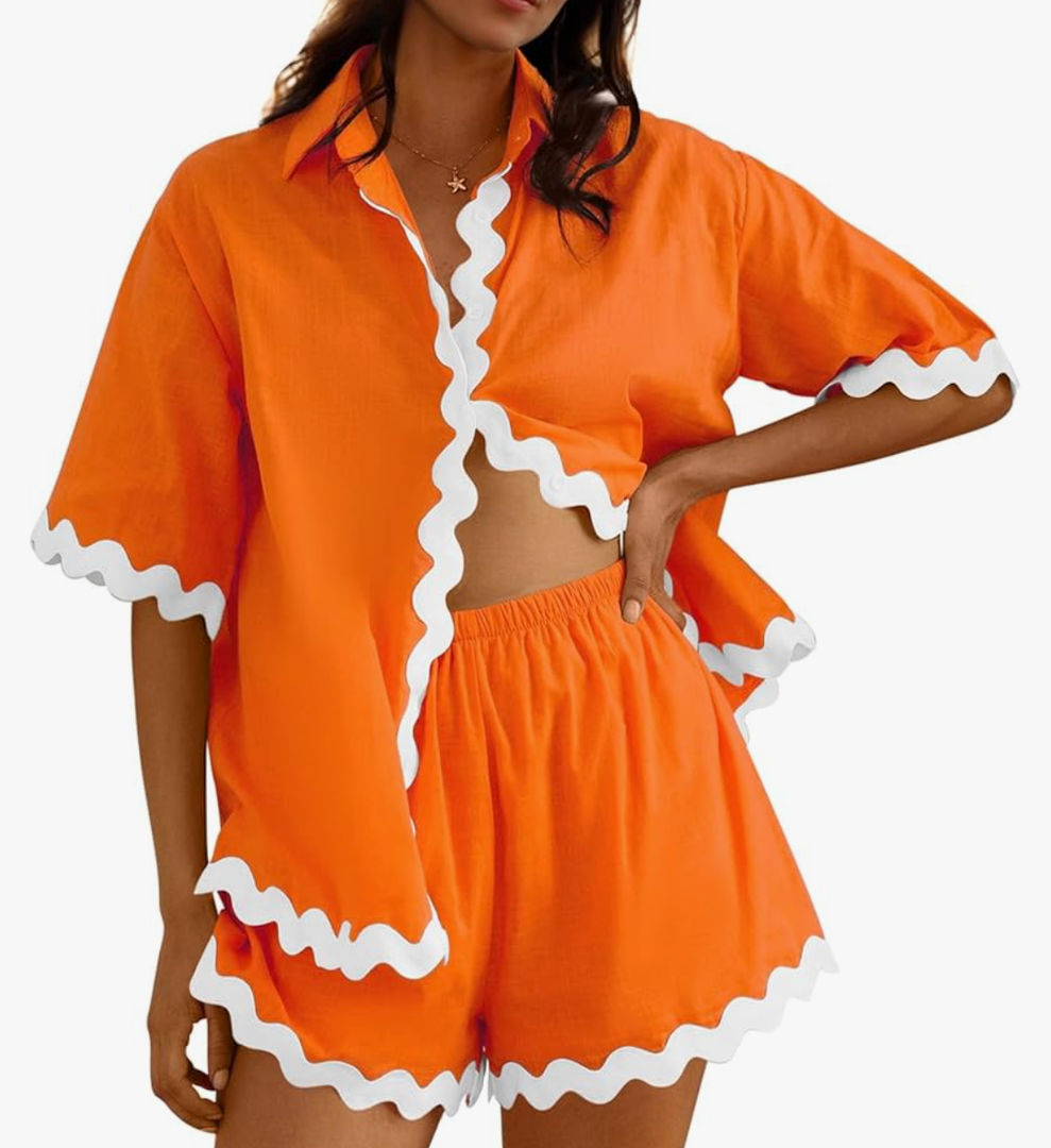 Fixmatti Women Two Piece Summer Sets Short Sleeve Button Down Shirts Size M