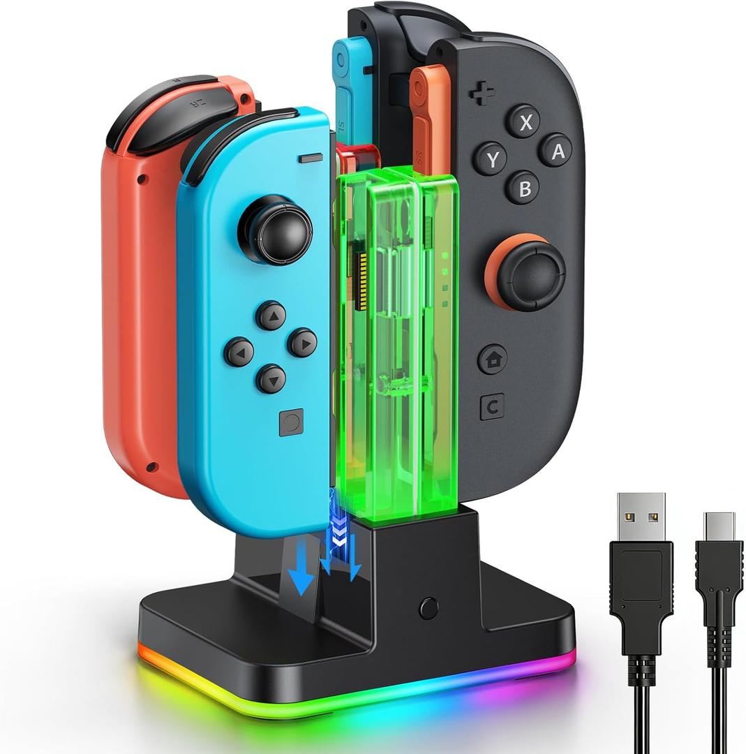 Switch 2/1 Controller Charger, 8 in 1 Charger Dock Station for Joy Cons Accessories Kits with a USB Type-C Charging Cord for Nintendo Switch (Black)