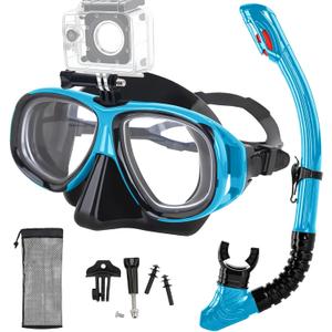 Nearsighted Snorkeling Gear for Adults Youth, Professional Full Dry Top Silicone Snorkel Set, Anti-Fog Scuba Diving Mask with Adjustable Strap (Light Blue, -3.0)