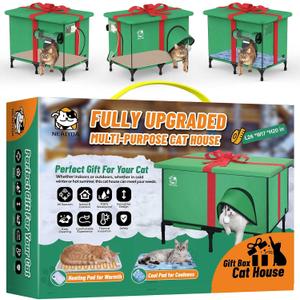 Outdoor Cat House, Weatherproof and Insulated Outside Cat Shelter with Heated Pad and Cooling Pad(4 Seasons Universal),Gift Box for Cats.(Large) (Green)