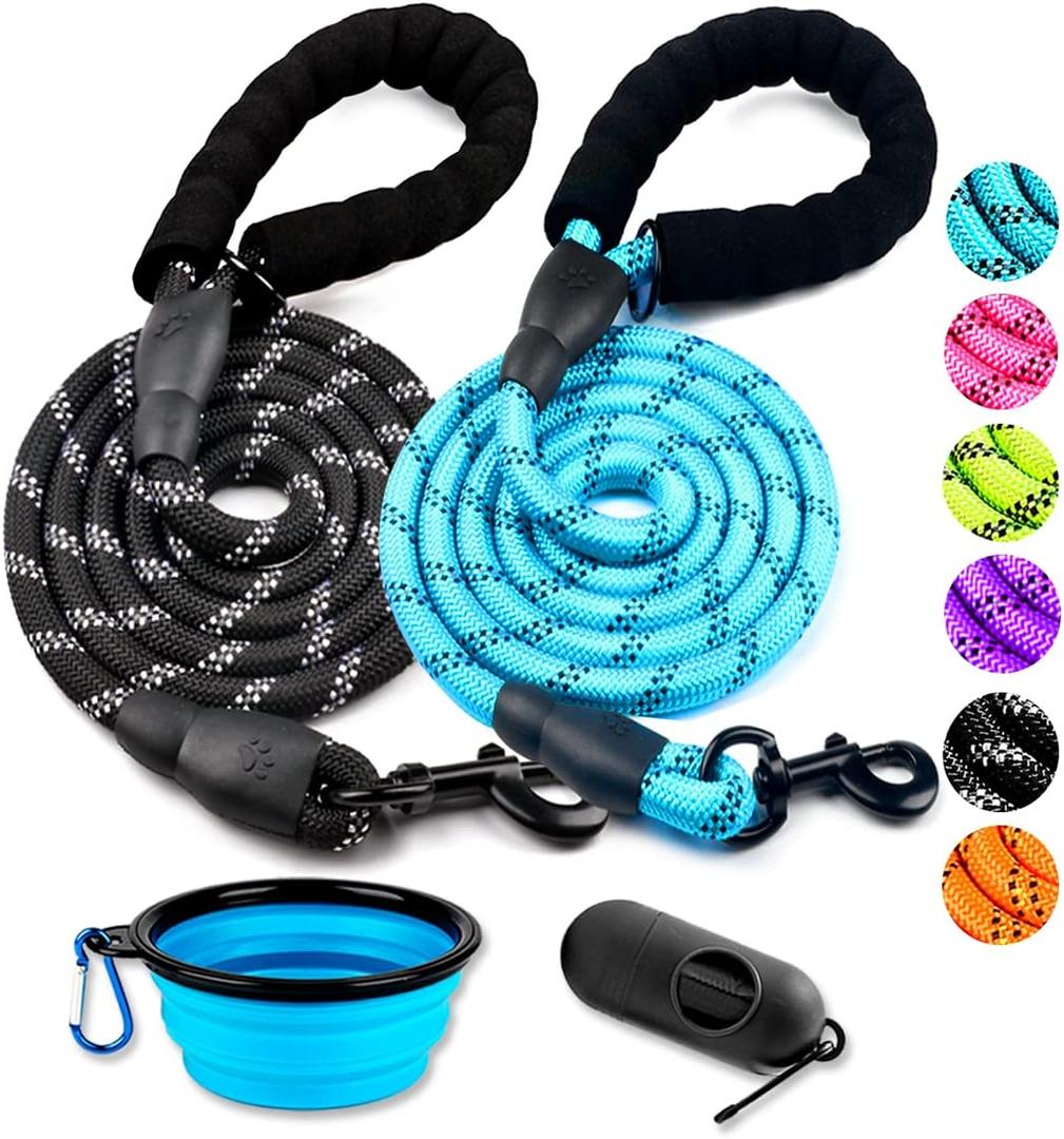 COOYOO 2 Pack Dog Leash 5 FT Heavy Duty - Comfortable Padded Handle - Reflective Dog Leash for Dogs with Collapsible Pet Bowl (Set 2-Black+Blue)