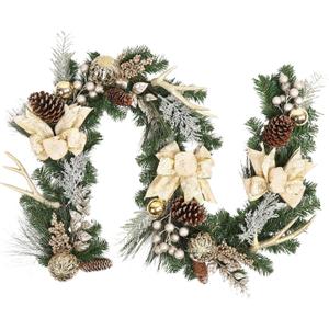 Adeeing Christmas Garland with Lights, Champagne Gold 6FT 20LED Pre-Lit Christmas Garland with Ball Ornaments, Ribbons, Pine Cones and Artificial Antlers for Door Mantle Stairs Christmas Decoration