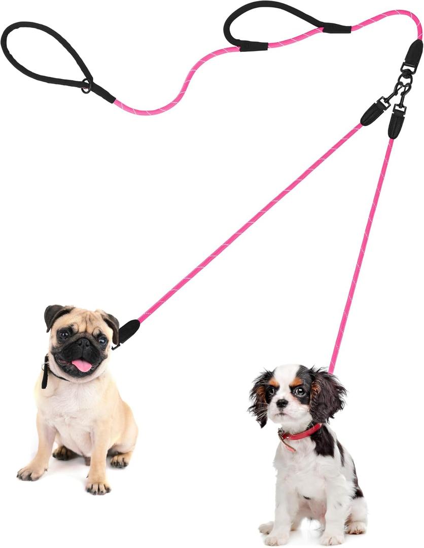 PetBonus Rope Double Dog Leash, No Tangle Dual Dog Leash, Reflective Walking Training Lead with Two Comfortable Padded Handles, 2 Dog Leash Coupler for Small Medium Dogs (1/3" x 6.5FT, Pink)