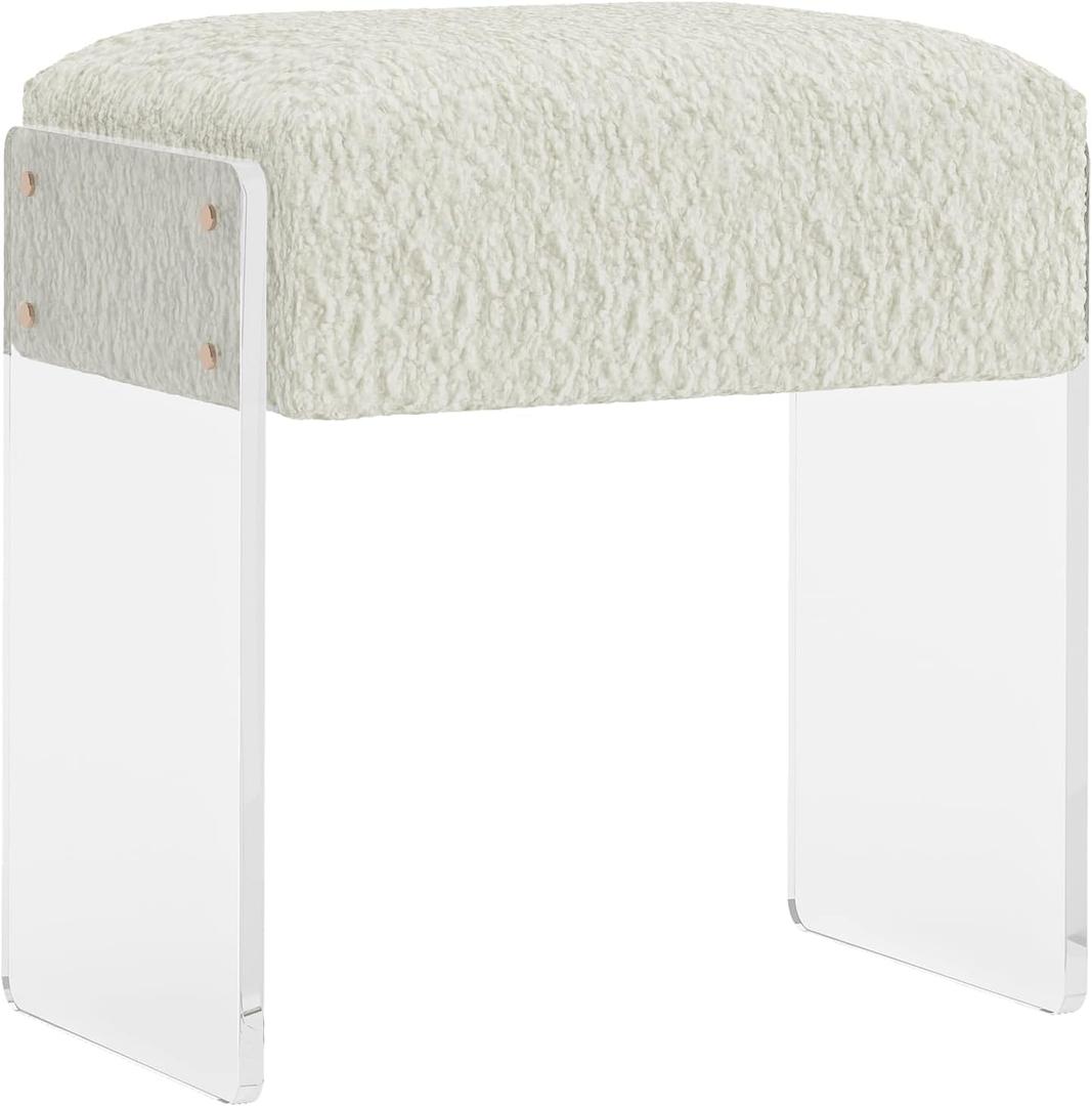 Vanity Stool Chair and Pouf Ottoman-Modern Multifunctional Vanity Stool and Foot Rest with Wool and Acrylic Leg for Makeup Room, Living Room, Bedroom (White)