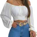MIRACMODA Woman Off Shoulder Ruched Tie Back Crop Top Summer Lantern Sleeve Boho Shirt Blouse (Medium)
