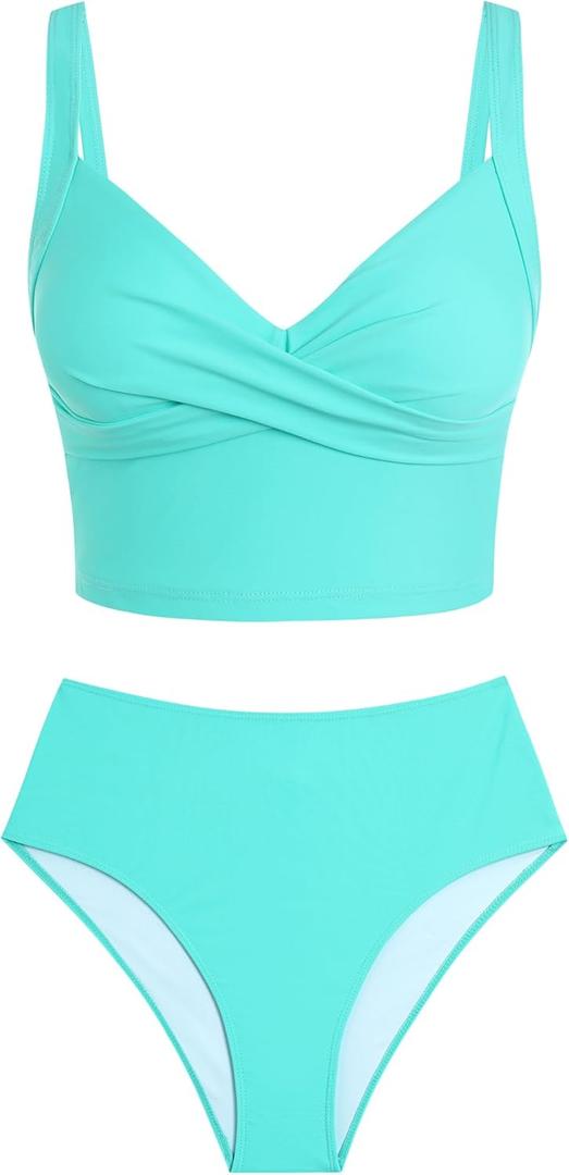 ZAFUL Two Piece Tankini Swimsuits for Women Cute Bathing Suit Twist Front Cropped Swim Tank Top with High Waisted Bottom (Medium, Aqua Green)