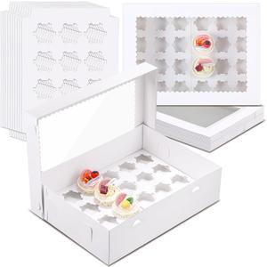 10 Pack 24 Count Cupcake Boxes, Mini Cupcake Containers, 14.9 x 11 x 4 Inch White Disposable Bakery Boxes with Window and Inserts for Birthday Holiday Party Bakery Desserts