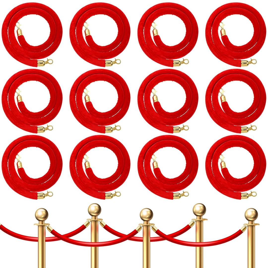 12 Pcs Velvet Stanchion Rope Bulk 5.25 ft Crowd Control Barriers Safety Velvet Rope with Gold Hooks for Graduation Party, Movie Theaters Openings Hotels Carpet, Not Include Stanchion Post(Red)