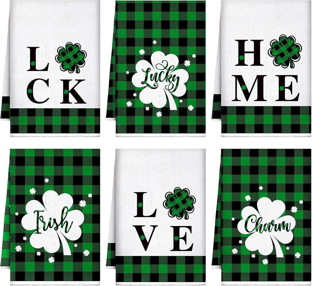 Honoson 6 Pcs St Patrick's Day Kitchen Towels St. Patrick's Day Dish Towels Shamrocks Gnomes Plaid Absorbent Bathroom Set Tea Cloth for Kitchen Home 16 x 24 Inches(Green and Black,Home Style)