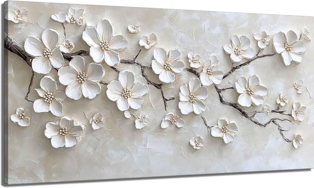 Large White Flower Canvas Wall Art 3D Texture Plant Floral painting Decor Pictures Minimalist Botanical Magnolia Posters Prints for Living Room Classroom Bedroom office corridor Decoration, 40x20