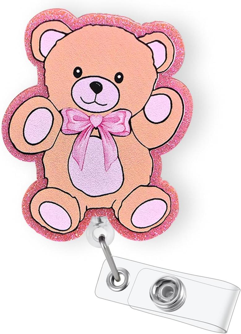 Pink Teddy Bear Badge Reel Retractable for Nurse Nursing RN CNA LPN Healthcare Worker & Teacher, Cute Pediatric Nurse Gifts, Teddy ID Name Badge Holder with Alligator Clip & 24 Durable Nylon Cord