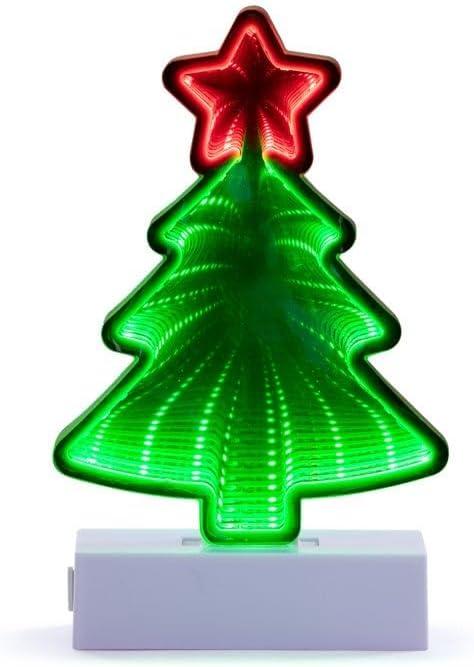Napco LED Infinity Mirror Christmas Tree with Red Star Topper 8 inch Festive Christmas Tabletop Dcor