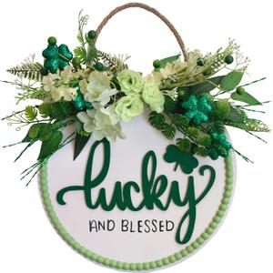 16 Inch St. Patrick's Day Wreath Door Hanger - Lucky Blessed Shamrock Decor with Green Floral Accents, Festive Wall/Door Decoration for Home Party Irish Holiday