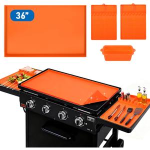 4 Pcs Blackstone Accessories for Griddle - 36" Blackstone Silicone Mat, 2x16 Spatula Mats & Grease Cup Liners, Food Grade Silicone Grill Cover Full-Edge Protect for All-Season Outdoor Use, Orange