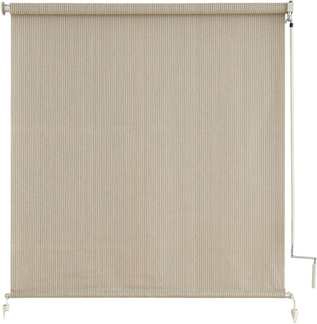 sunoff Outdoor Roller Shades for Porch, Cordless Patio Roller Up Blinds with Shade Cloth for Gazebo Pergola Balcony Backyard, 2 Poles & 1 Fabric, Sesame, 72" Wx96 H