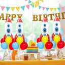 4 Sets Toy Inspired Themed Party Balloons Stand Kit With 4 Rocket Foil Balloons Toy Themed Red Blue Yellow Balloon Centerpiece for Tables for Boys Birthday Baby Shower Cartoon Party Decorations