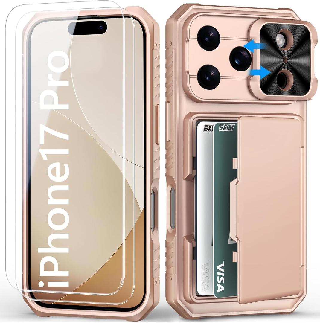 for iPhone 17 Pro Case Wallet with Screen Protector (Tempered Glass), Slide Camera Cover, Card Holder (4-5 Cards), Military Grade Heavy Duty Men Women Case for iPhone 17Pro, Rose Gold