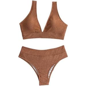 SweatyRocks Women's Solid V Neck High Waist Bikini Set Summer Sparkly Two Piece Bathing Suit, L, Rust Brown