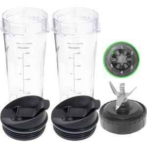 Ninja Blender Replacement Parts Compatible with BL770 BL660 BL663 BL663CO BL665Q BL740, 2 Pack Single Serve Ninja Blender 24oz Cups with Sip & Seal Lids &6 Fins Ninja Blender Blade Assembly
