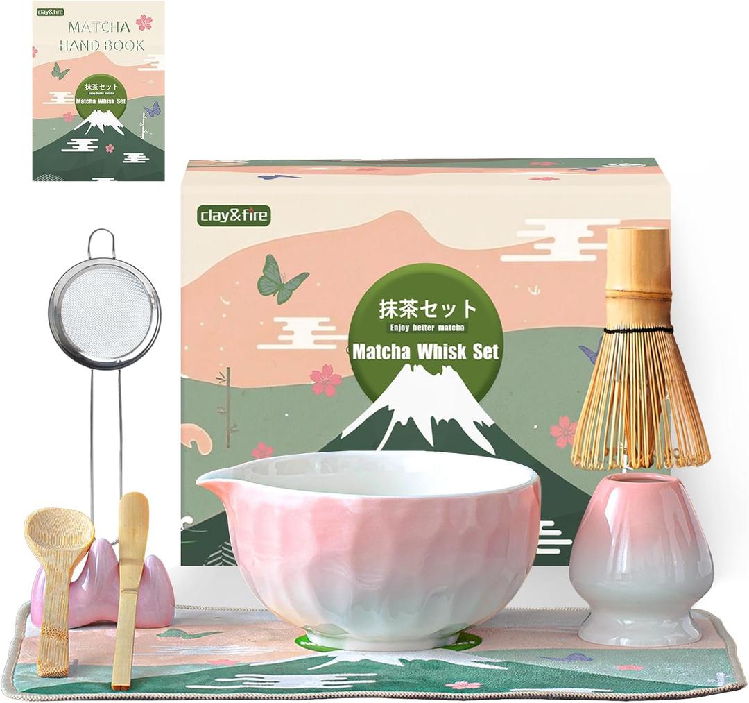 Clay&Fire Matcha Whisk Set, 9 pcs Ceramic Matcha Set, Gifts for Women,Matcha Bowl with Spout and Whisk, Matcha Kit for Matcha Lovers, Ideal Gift Christmas, Birthday, Anniversary(Pink) (Gradient Pink)
