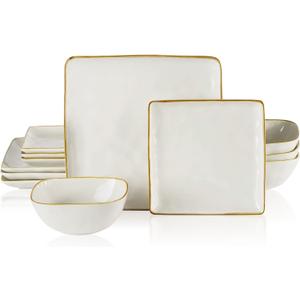 Famiware Dinnerware Sets for 4, Ocean Square 12-Piece Kitchen Plates and Bowls Sets, Microwave and Dishwasher Safe, Scratch Resistant, Vanilla White