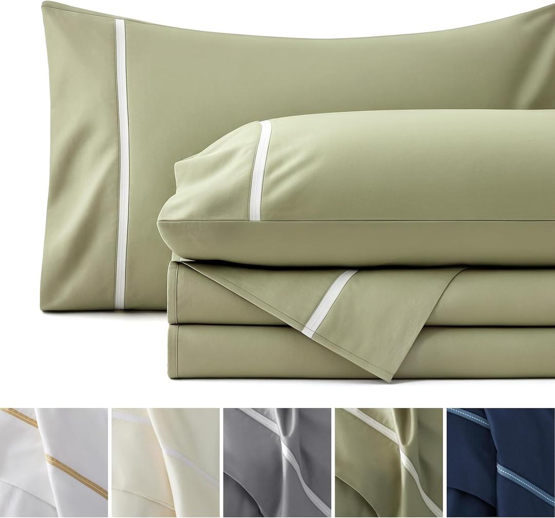 Bedsure 100% Cotton Sheets Queen Size Set - 500 Thread Count Cotton Sateen Bedsheets, Luxury Hotel Quality, Soft & Breathable Bedsheets, 16" Deep Pocket, 4-Piece, Include Queen Flat Sheet Green