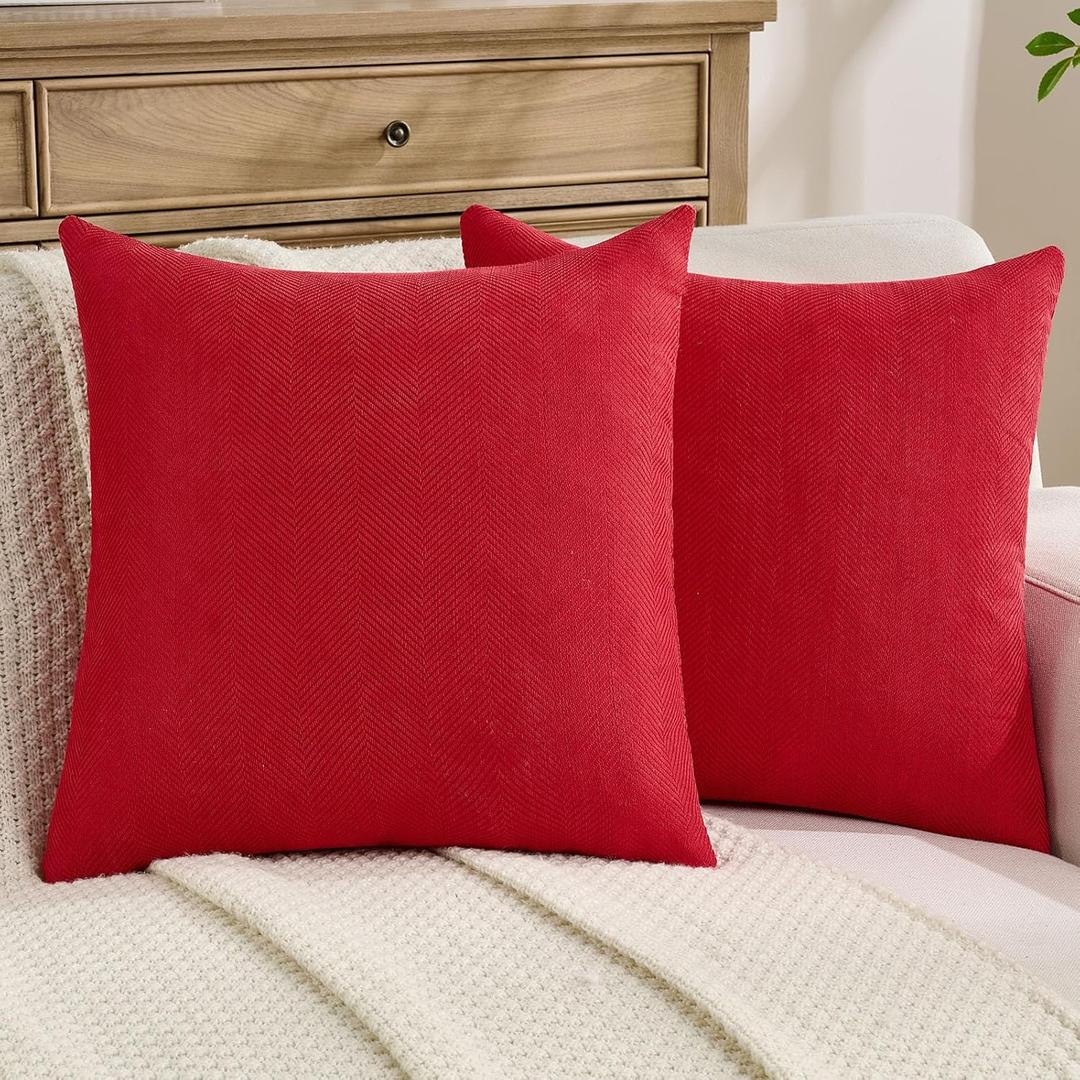 FUTEI Red Chenille Throw Pillow Covers 18x18 Inch Set of 2,Soft Wide Chevron Textured Cushion Case,Farmhouse Home Decor for Couch Bed Living Room