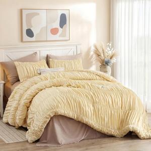 weigelia Cinched Comforter Set Queen Soft Ruched Bedding Set, 3PCS Light Yellow All-Season Fluffy Lightweight Comforter with Pillowcases for Bedroom, Apartment & Dorm Decor