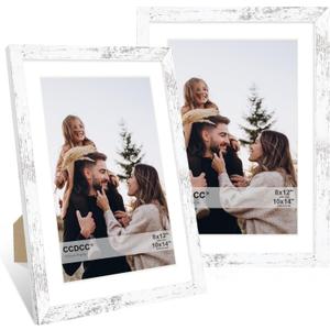 10x14 Picture Frame Set of 2, 10 x 14 Wood Photo Frames with Mat for 8x12 or 30x40cm Diamond Painting Art, Wooden Frame with Real Glass Cover for Wall and Tabletop Display,Distressed White