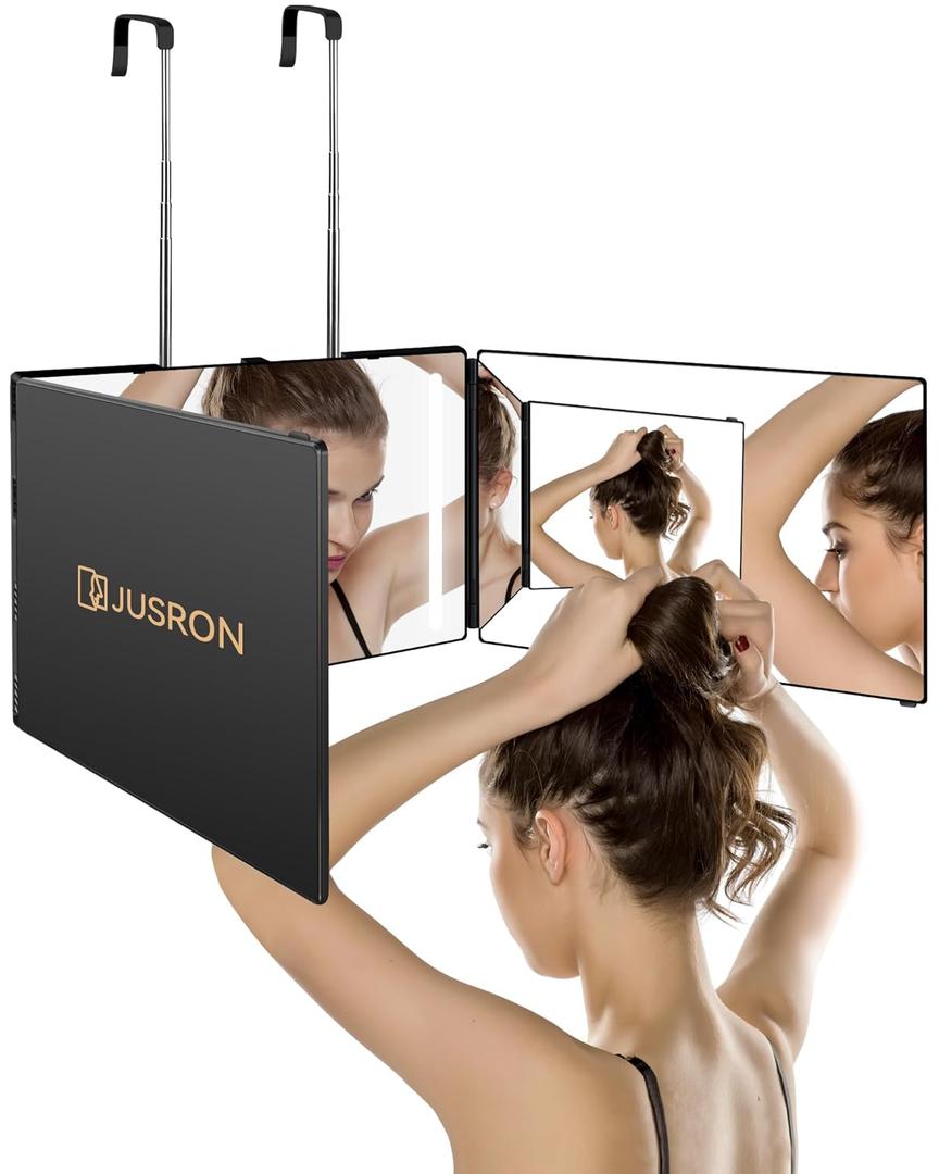 JUSRON 360 Viewing Angle Self Hair Cutting Mirror, Clear Anti-Fog HD Glass, USB Rechargeable, Easy to Use, Height Adjustable, Portable, Good Choice for Gifts (Black With Led)