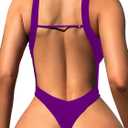 Foxiny Sexy Backless Cheeky High Cut Leg Thong V Neck One Piece Swimsuit (Purple, M)