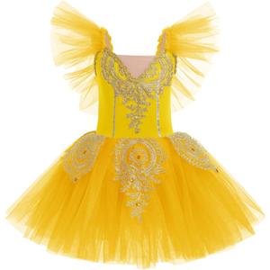 AFAVOM Ballet Leotards for Girls Ballerina Performance Swan Lake Costumes Embroidery Tulle Camisole Skirted Leotard Dancewear (7-8 Years, Yellow)