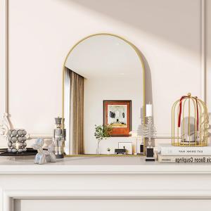 Arched Wall Mirror, 16 x 24 inch Arch Bathroom Mirror, Wall Mounted Vanity Mirror with Arch Metal Frame, Modern Bathroom Vanity Mirror for Bedroom, Living Room, Hanging or Leaning, Gold
