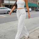 Trendy Queen 2 Piece Vacation Outfits for Women Summer Travel Outfits 2026 Spring Fashion Tube Tops Wide Leg Pants (Gray, S)