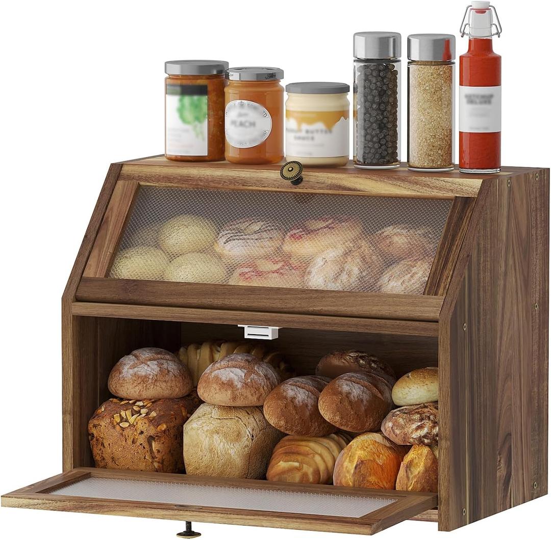 STDDRE Bread Box for Kitchen Countertop Large Double-Layer Wooden Corner Bread Box Farmhouse Bread Storage Bin Acacia Wood (Brown, Large)