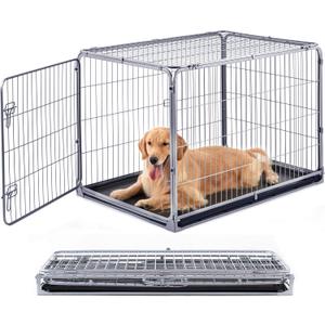Collapsible Dog Crate for Large Dogs - 42 inch Escape Proof Metal Dog Kennel with Double Door, Easy Assembly Foldable Dog Cage with Removable Tray, Indoor Outdoor Use, Silver Gray