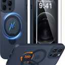 FNTCASE for iPhone 12 Pro-Max Case: [360 Spin Magnetic Stand] [Compatible with Magsafe] [Screen Protector] Translucent Matte Military Grade Shockproof Full Camera Protective Phone Cover - Deep Blue