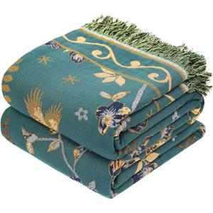 Boho 100% Muslin Organic Cotton Large Throw Blanket - All Season Rustic Ultra Soft Breathable Floral Bird Blanket for Bed Sofa Couch Chair Bedspread Quilt Gift, 60" x 80"-Teal,Beige