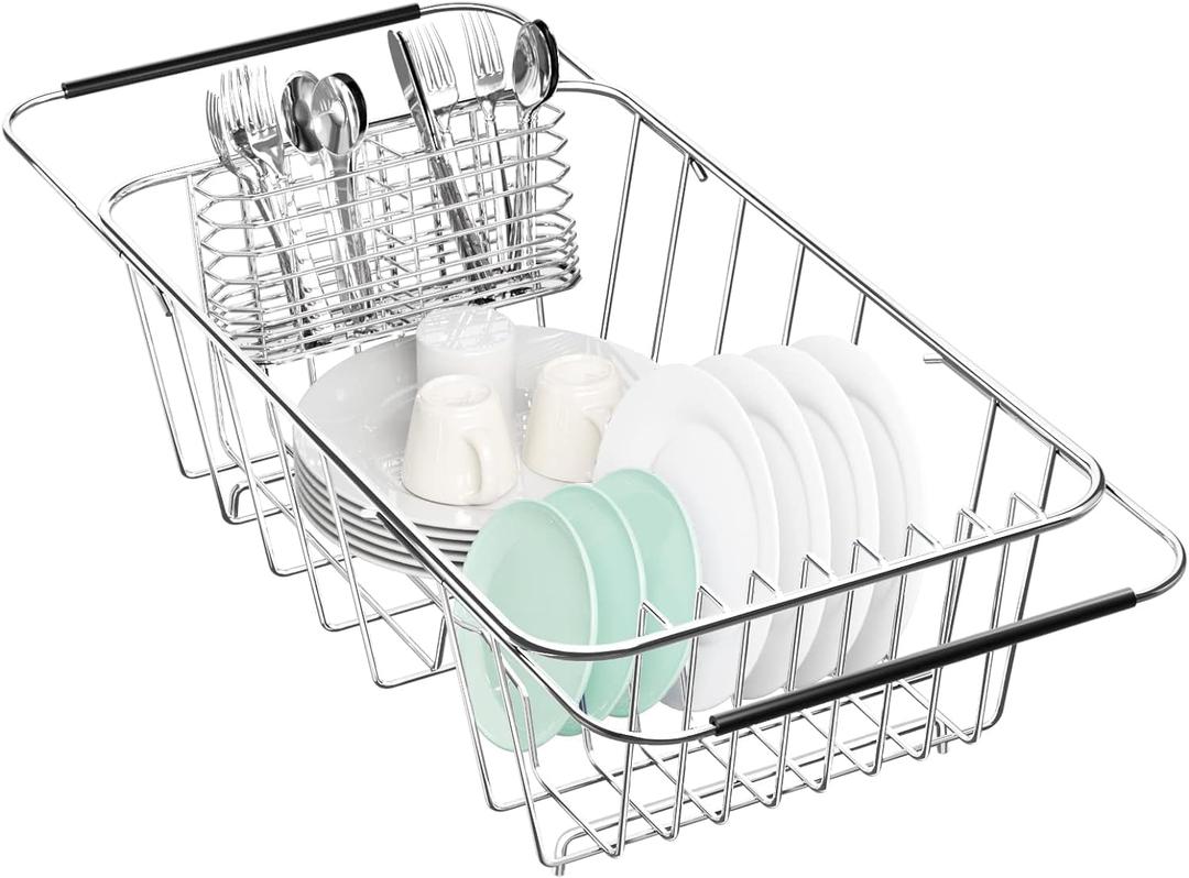 Small Dish Drainer Rack in Sink Adjustable, Expandable Stainless Steel Metal Dish Drying Rack Organizer with Stainless Steel Utensil Holder Over Inside Sink Counter, Rustproof(for 1-2 People) (Small15.08*8.39*5.24 Inches)