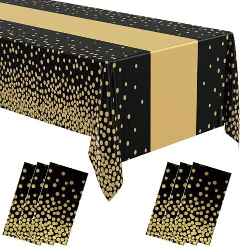 Oudain 6 Pcs Black and Gold Tablecloth for Parties Plastic Dot Tablecloths Printed Table Runner Waterproof Disposable Rectangle Table Cover for Birthday Wedding Graduation Party, 54" x 108"