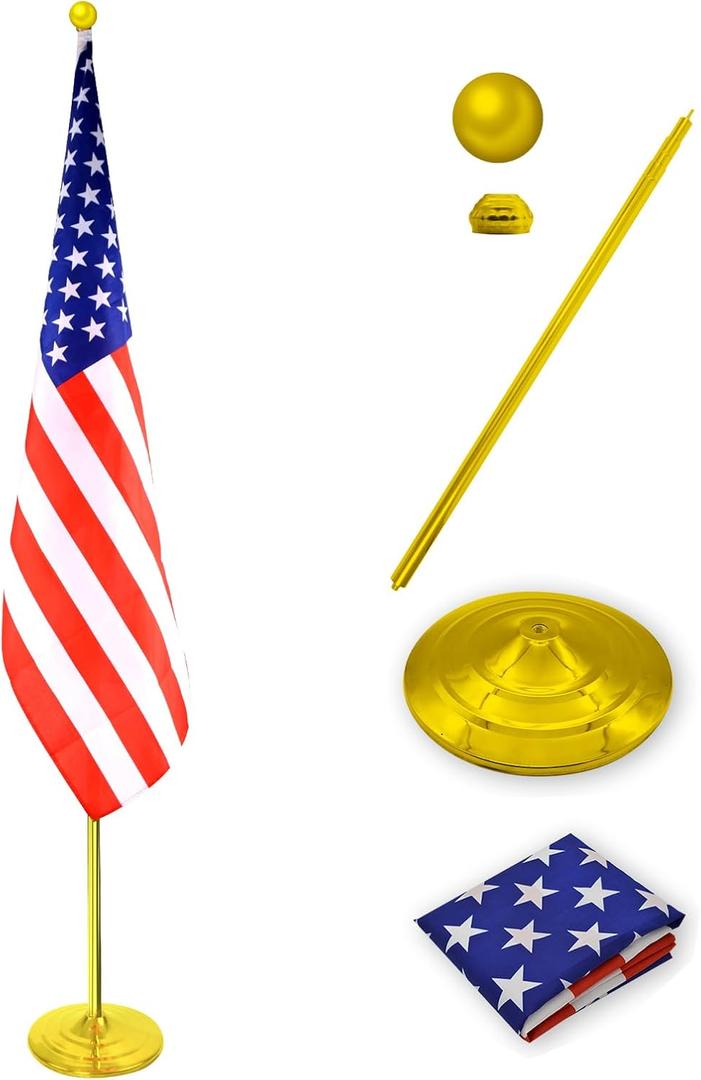Indoor Flag Pole Kit with Weighted & Thickened Base 6-8FT,Stainless Steel Commercial Indoor Flagpole for Office School City Hall,Heavy Duty Indoor Telescoping Flag Pole,Golden 1 Pack