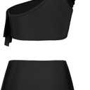 VIMPUNEC Ruffle One Shoulder Swimsuits for Women Striped High Waisted Two Piece Bathing Suits (Black, S)