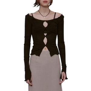 Cut Out Long Sleeve Boat Neck Women Streetwear Patchwork E Girl Shirts y2k Contrast Stitch Crop Top (Cut Out Black, M)