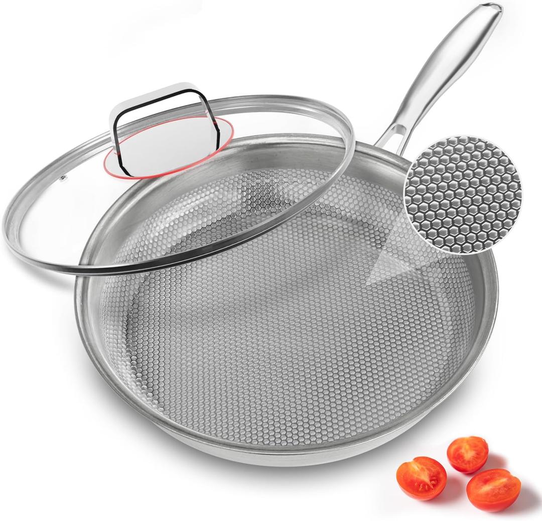 Stainless Steel Frying Pan with Lid, 11.8inch 5-Ply Stainless Steel Pan,PTFE & PFOA Free, All Stovetop Compatible,Dishwasher and Oven Safe