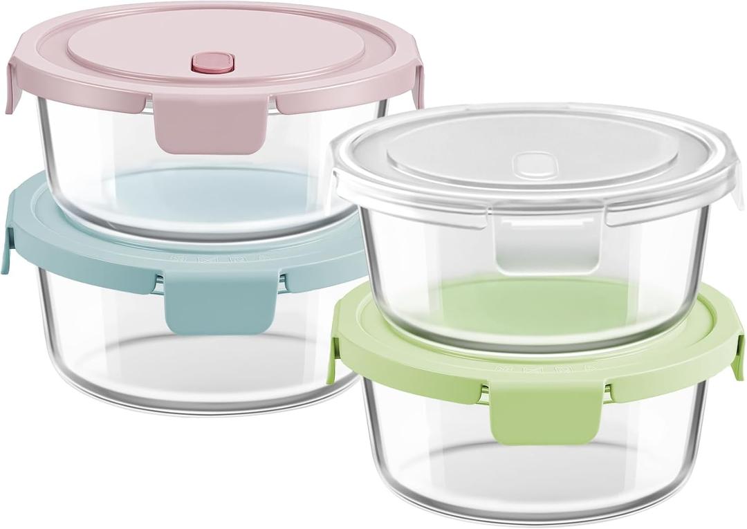 30oz Glass Meal Prep Containers with Lids, Airtight 3.75 Cup Food Storage Containers Set, Heat-Resistant BPA-Free Glass Containers for Soup Leftover, Microwave, Dishwasher, and Freezer Safe (4 Packs) (Multicolor+Clear)