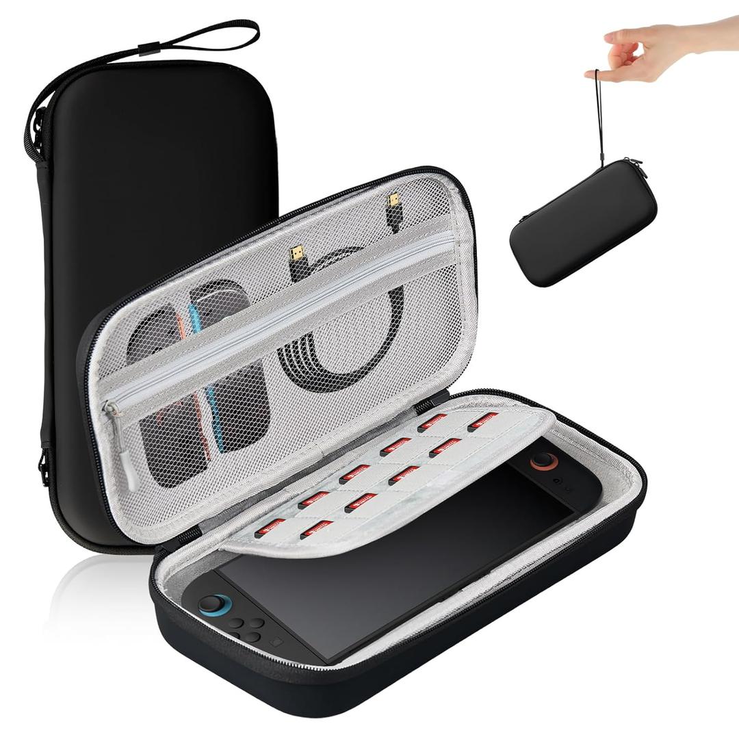 AriKroii Carrying Case for Nintendo Switch 2, Portable Hard Shell Pouch Carrying Travel Game Bag for Switch 2, Holds 10 Game Cartridges, Lightweight and Large Capacity, 7.9 inch, Black