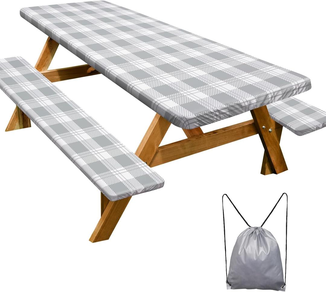 Picnic Table Cover with Bench Covers Camping Essentials Waterproof Windproof Camping Tablecloth with Drawstring Bag, Fitted Rectangle Tables and Seats, 96in, Grey Checkered